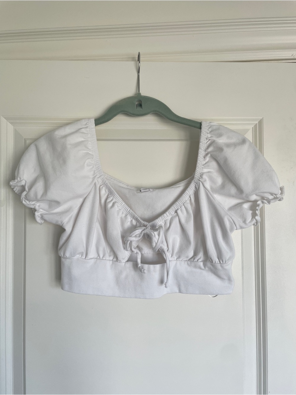 Garage White Puff-Sleeve Cropped Tie-Front Top